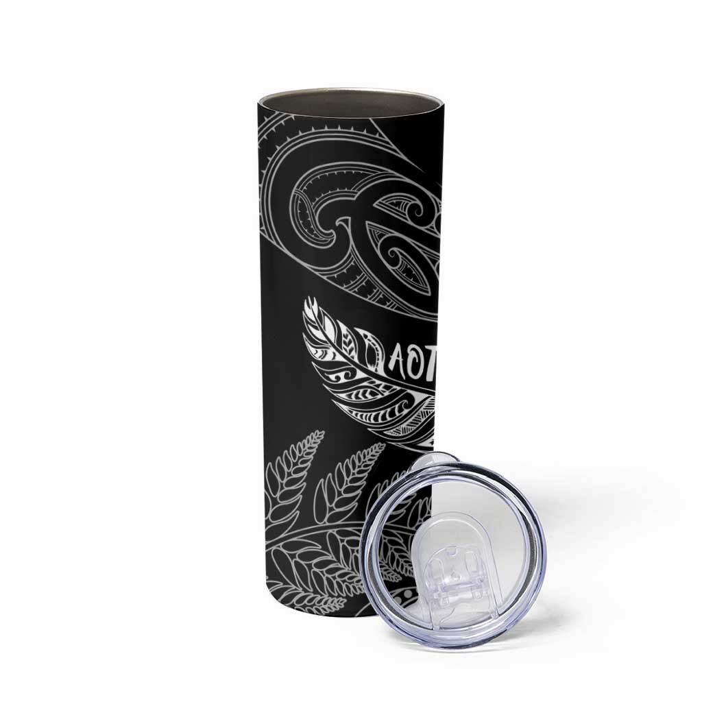 Aotearoa Personalized Lawn Bowls Maori Skinny Tumbler New Zealand Black Tribal Silver Fern - Aussie Hoodie