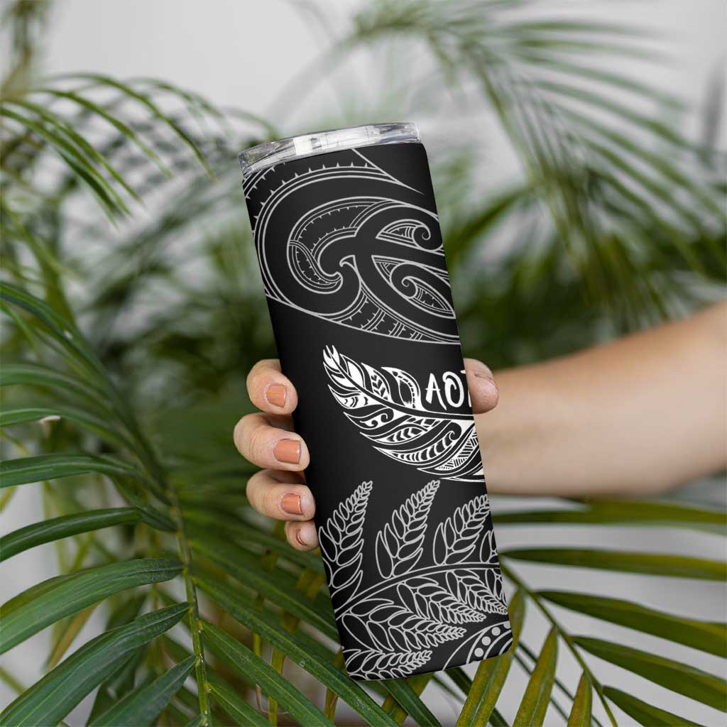 Aotearoa Personalized Lawn Bowls Maori Skinny Tumbler New Zealand Black Tribal Silver Fern - Aussie Hoodie