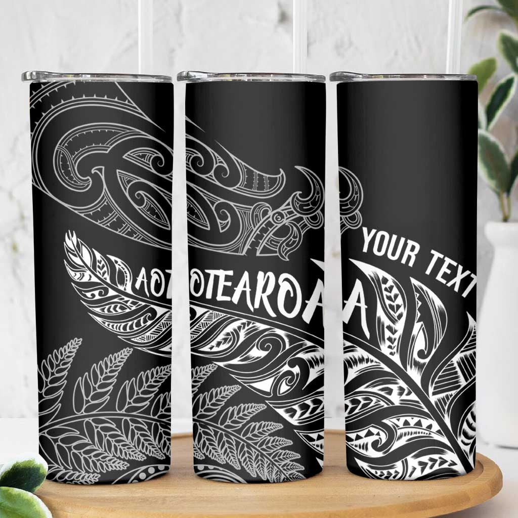 Aotearoa Personalized Lawn Bowls Maori Skinny Tumbler New Zealand Black Tribal Silver Fern - Aussie Hoodie