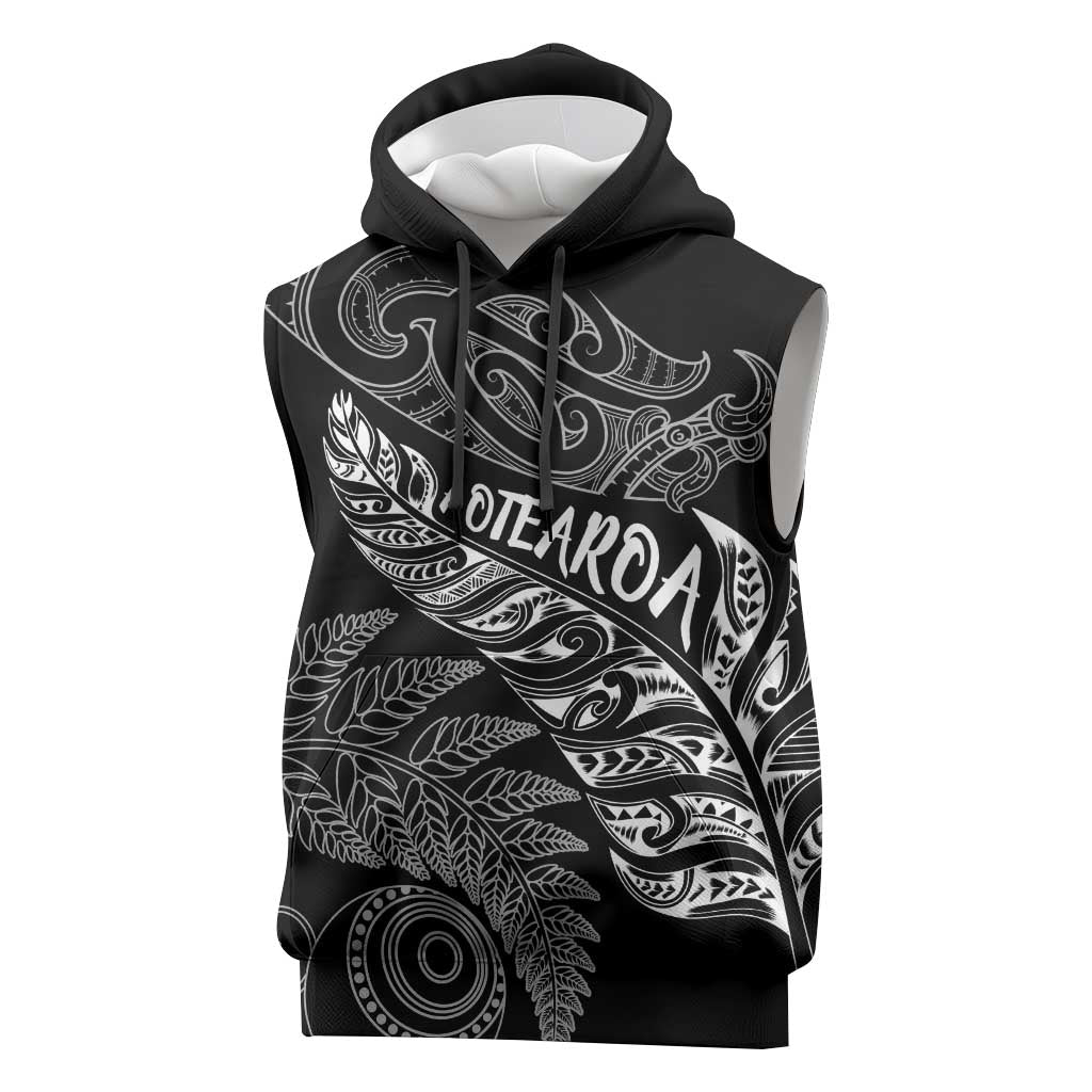 Aotearoa Personalized Lawn Bowls Maori Sleeveless Hoodie New Zealand Black Tribal Silver Fern - Aussie Hoodie