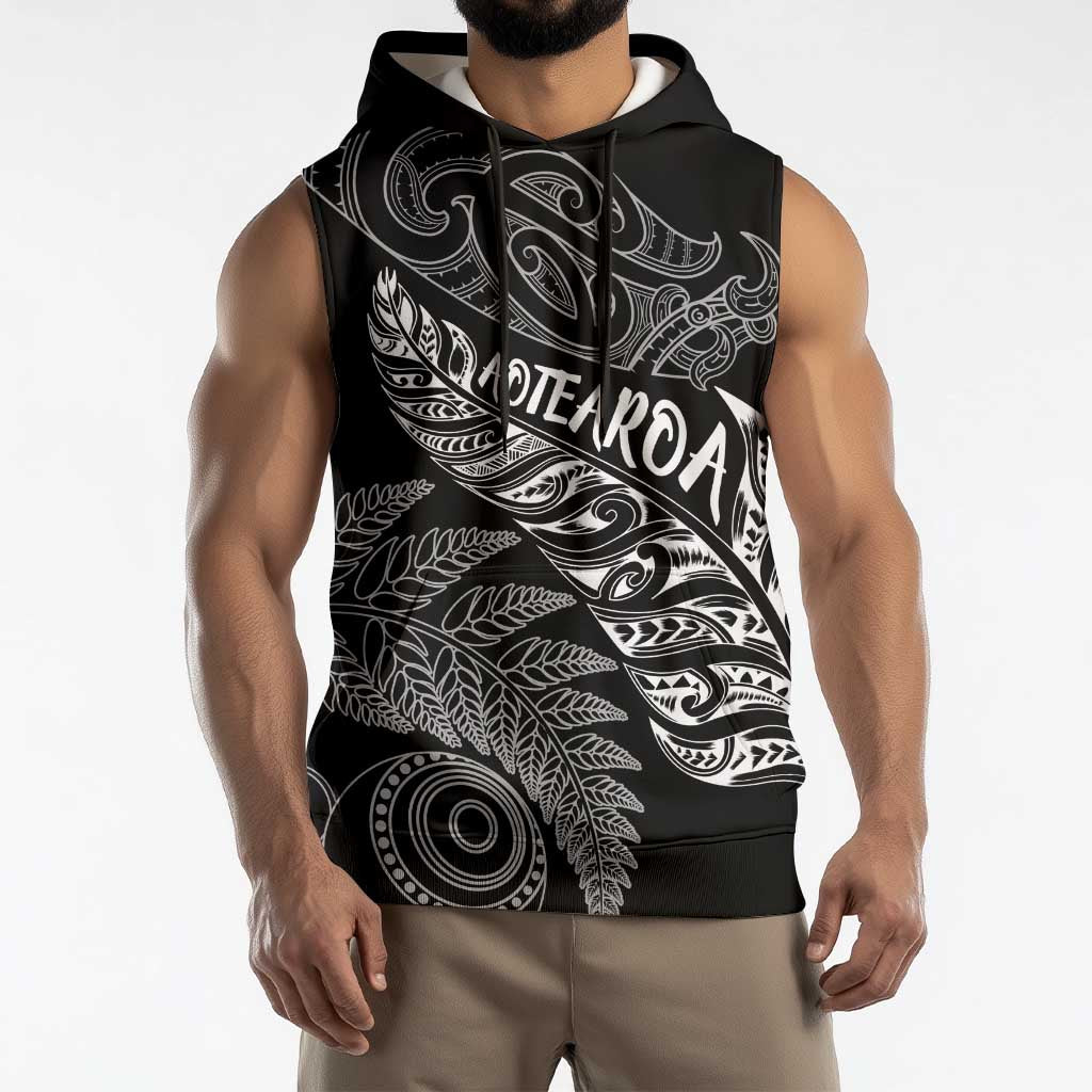 Aotearoa Personalized Lawn Bowls Maori Sleeveless Hoodie New Zealand Black Tribal Silver Fern - Aussie Hoodie