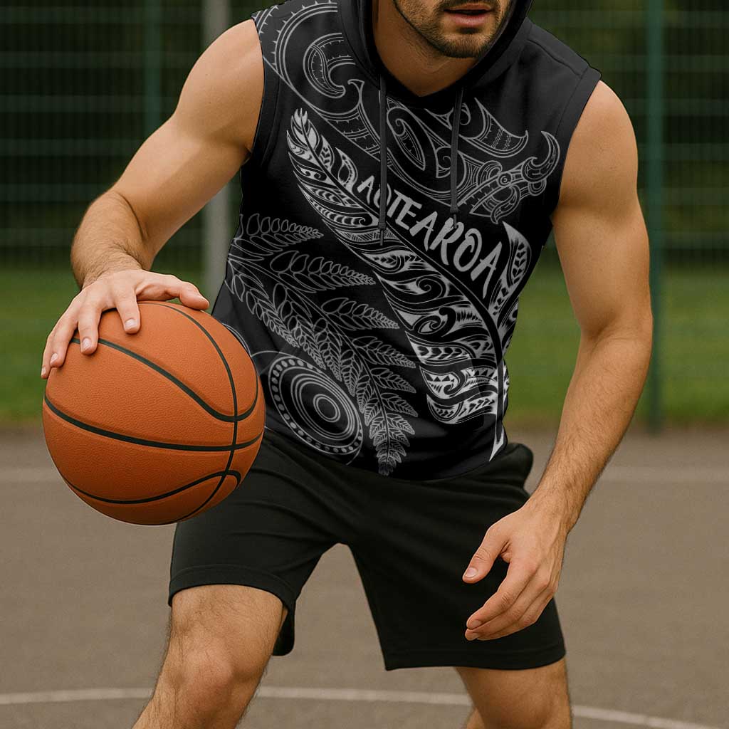 Aotearoa Personalized Lawn Bowls Maori Sleeveless Hoodie New Zealand Black Tribal Silver Fern - Aussie Hoodie