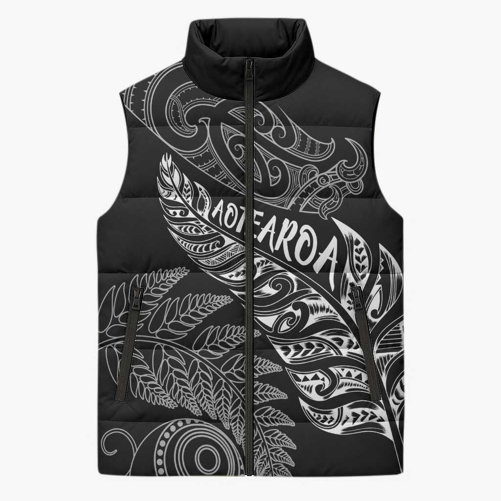 Aotearoa Personalized Lawn Bowls Maori Sleeveless Puffer Jacket New Zealand Black Tribal Silver Fern - Aussie Hoodie