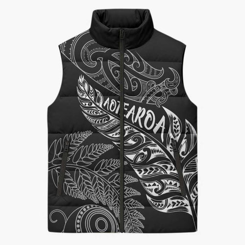 Aotearoa Personalized Lawn Bowls Maori Sleeveless Puffer Jacket New Zealand Black Tribal Silver Fern - Aussie Hoodie