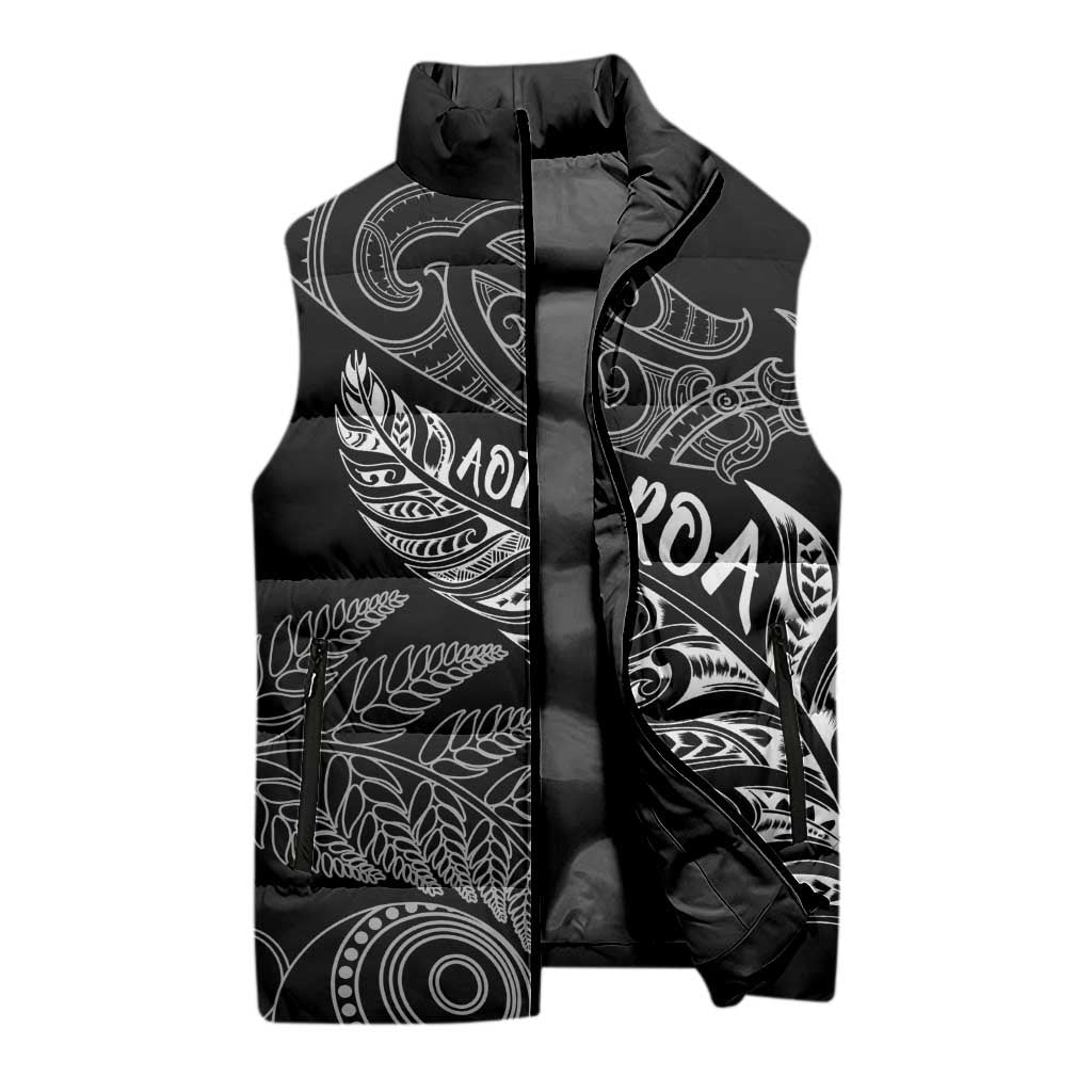 Aotearoa Personalized Lawn Bowls Maori Sleeveless Puffer Jacket New Zealand Black Tribal Silver Fern - Aussie Hoodie