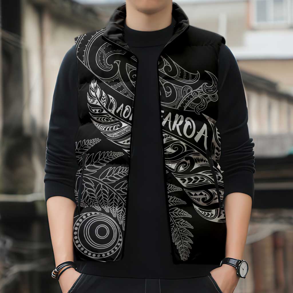 Aotearoa Personalized Lawn Bowls Maori Sleeveless Puffer Jacket New Zealand Black Tribal Silver Fern - Aussie Hoodie