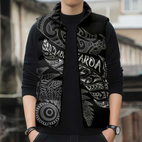 Aotearoa Personalized Lawn Bowls Maori Sleeveless Puffer Jacket New Zealand Black Tribal Silver Fern - Aussie Hoodie