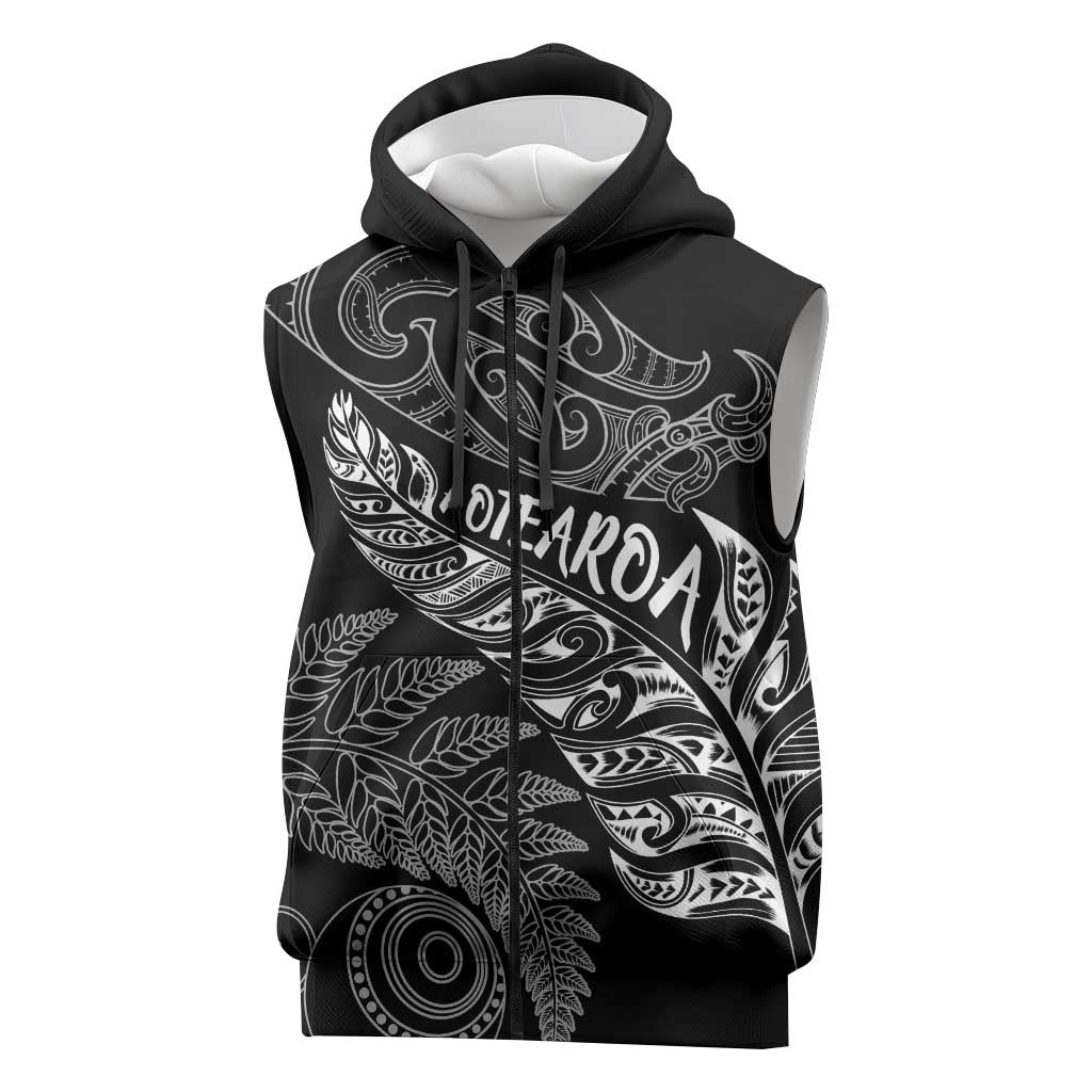 Aotearoa Personalized Lawn Bowls Maori Sleeveless Zip Hoodie New Zealand Black Tribal Silver Fern LT7