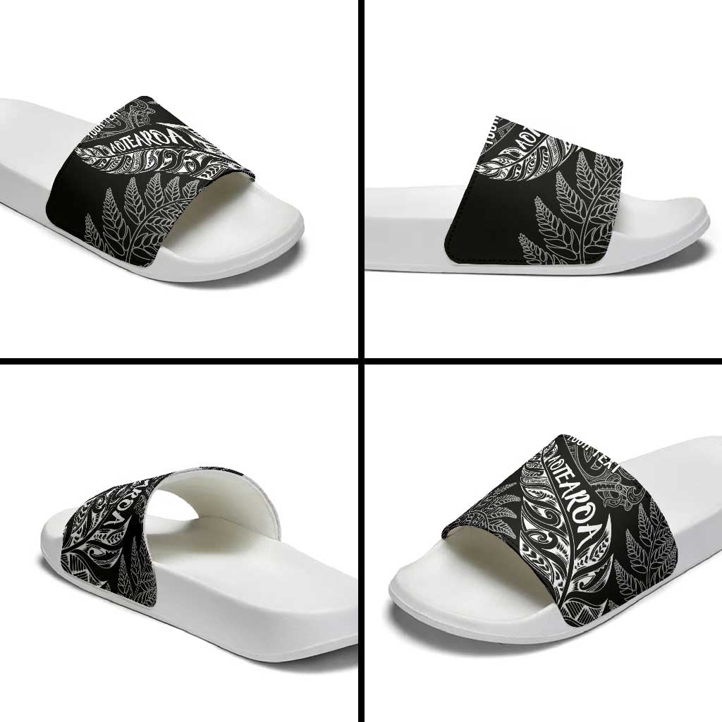 Aotearoa Personalized Lawn Bowls Maori Slide Sandals New Zealand Black Tribal Silver Fern - Aussie Hoodie