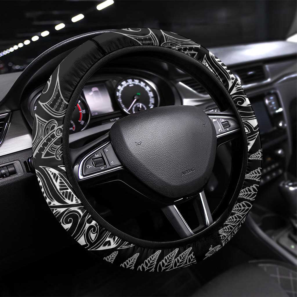 Aotearoa Lawn Bowls Maori Steering Wheel Cover New Zealand Black Tribal Silver Fern - Aussie Hoodie