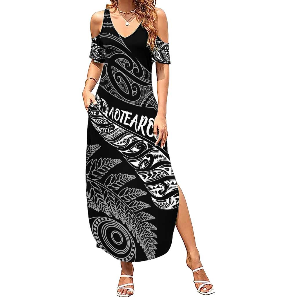 Aotearoa Personalized Lawn Bowls Maori Summer Maxi Dress New Zealand Black Tribal Silver Fern - Aussie Hoodie