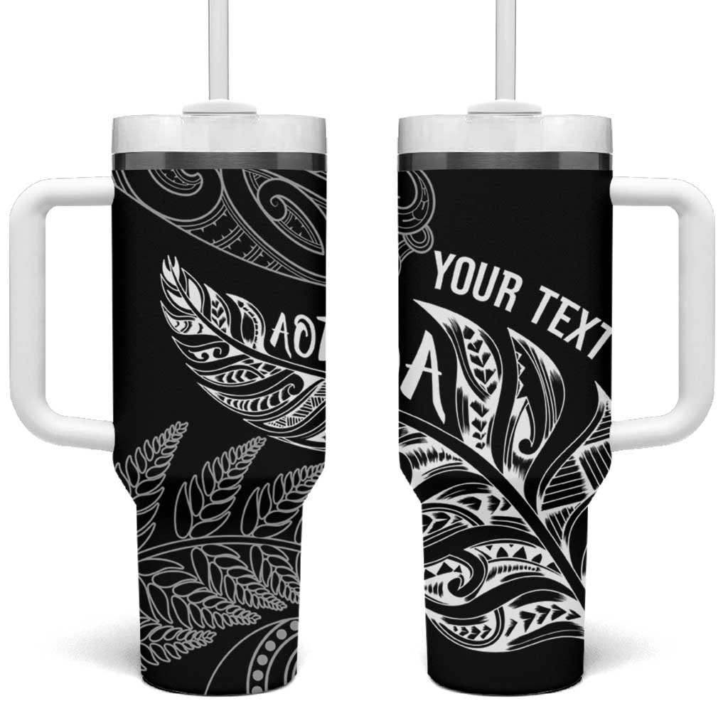 Aotearoa Personalized Lawn Bowls Maori Tumbler With Handle New Zealand Black Tribal Silver Fern - Aussie Hoodie