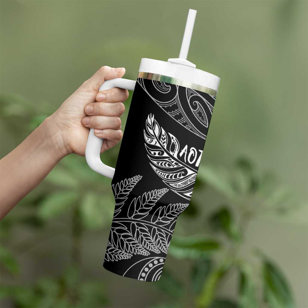 Aotearoa Personalized Lawn Bowls Maori Tumbler With Handle New Zealand Black Tribal Silver Fern - Aussie Hoodie