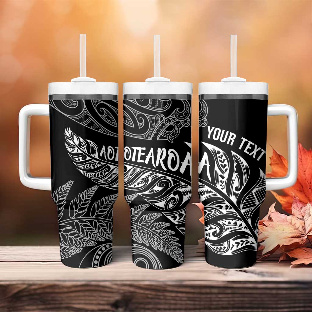 Aotearoa Personalized Lawn Bowls Maori Tumbler With Handle New Zealand Black Tribal Silver Fern - Aussie Hoodie