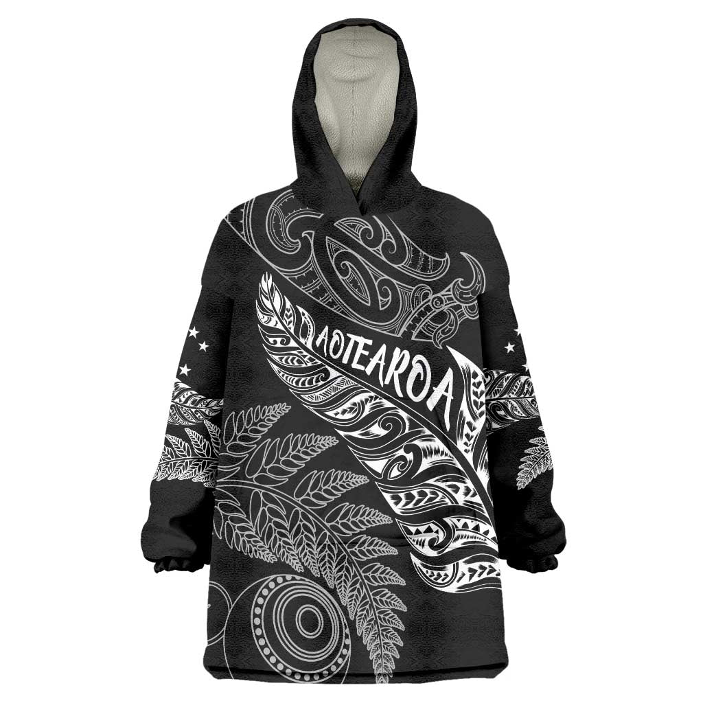 Aotearoa Personalized Lawn Bowls Maori Wearable Blanket Hoodie New Zealand Black Tribal Silver Fern - Aussie Hoodie