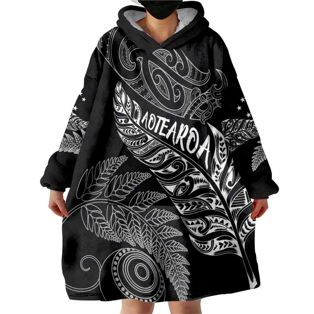 Aotearoa Personalized Lawn Bowls Maori Wearable Blanket Hoodie New Zealand Black Tribal Silver Fern - Aussie Hoodie