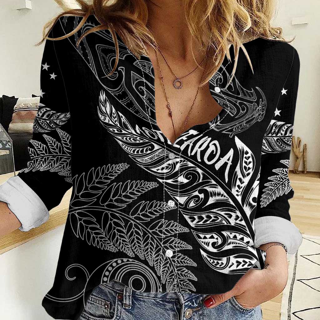 Aotearoa Personalized Lawn Bowls Maori Women Casual Shirt New Zealand Black Tribal Silver Fern - Aussie Hoodie