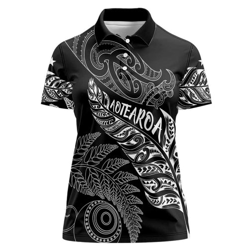 Aotearoa Personalized Lawn Bowls Maori Women Polo Shirt New Zealand Black Tribal Silver Fern - Aussie Hoodie
