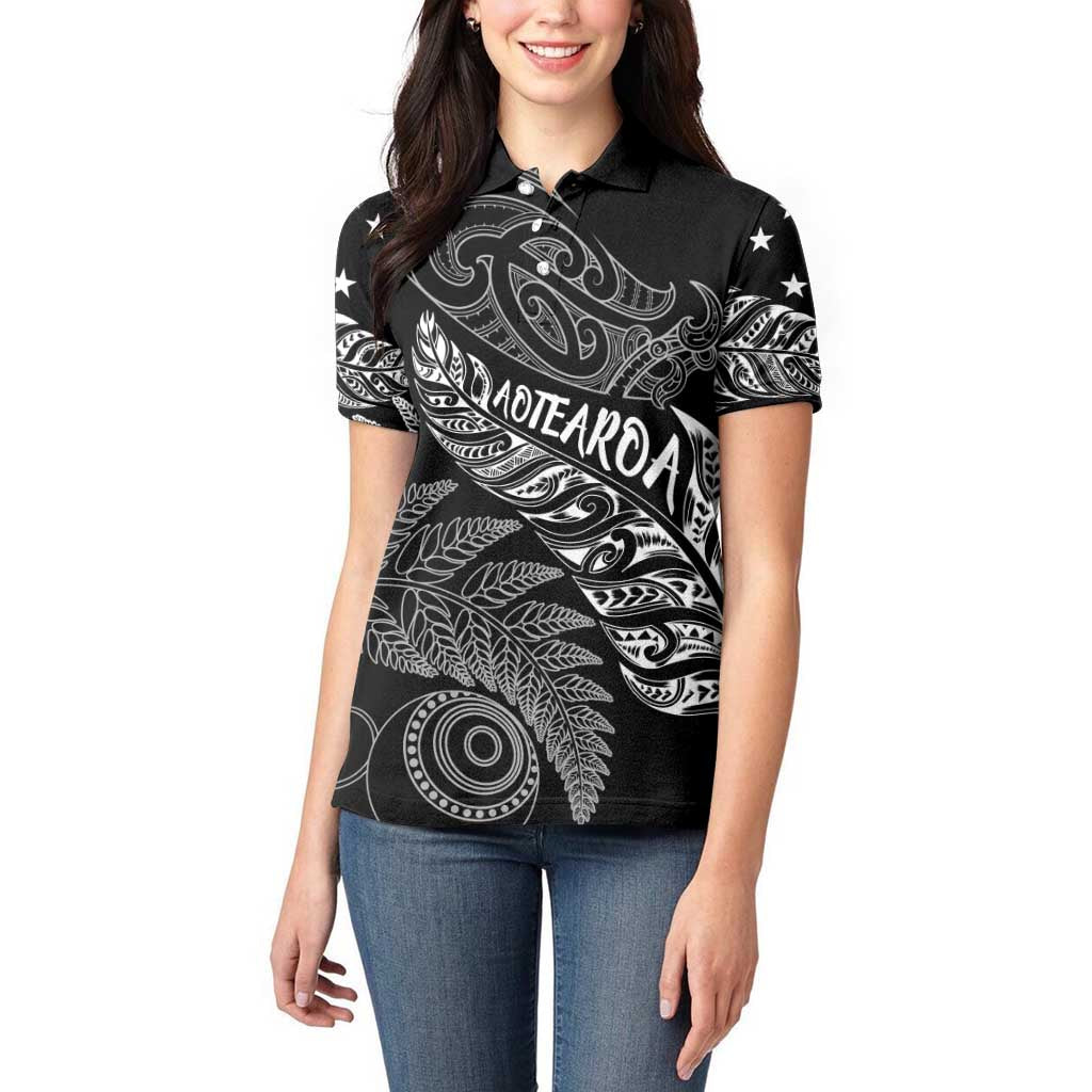 Aotearoa Personalized Lawn Bowls Maori Women Polo Shirt New Zealand Black Tribal Silver Fern - Aussie Hoodie