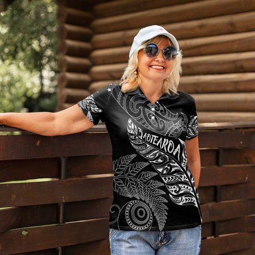Aotearoa Personalized Lawn Bowls Maori Women Polo Shirt New Zealand Black Tribal Silver Fern - Aussie Hoodie