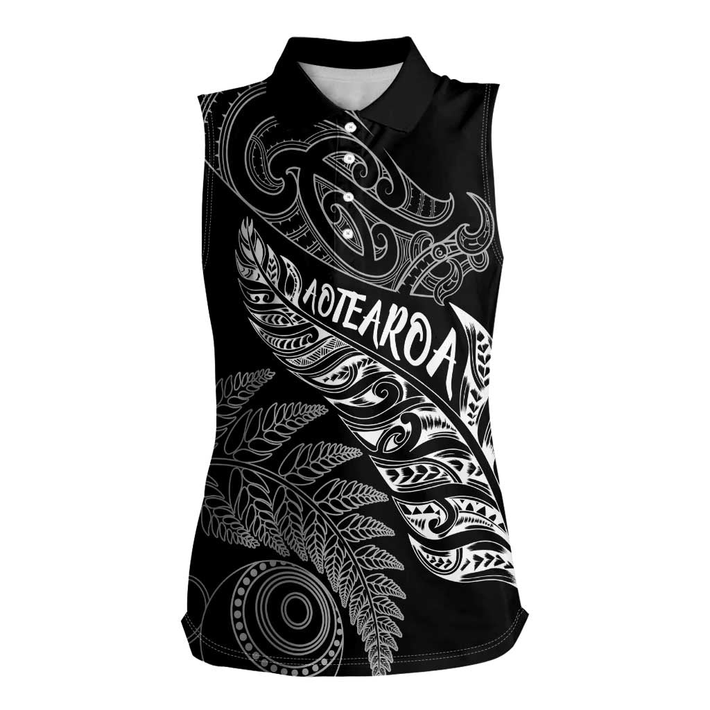 Aotearoa Personalized Lawn Bowls Maori Women Sleeveless Polo Shirt New Zealand Black Tribal Silver Fern - Aussie Hoodie