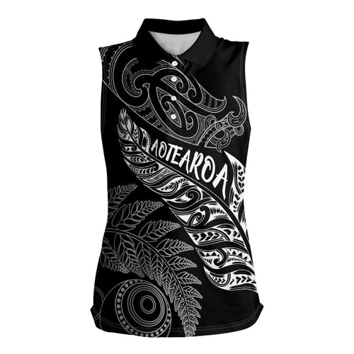 Aotearoa Personalized Lawn Bowls Maori Women Sleeveless Polo Shirt New Zealand Black Tribal Silver Fern - Aussie Hoodie