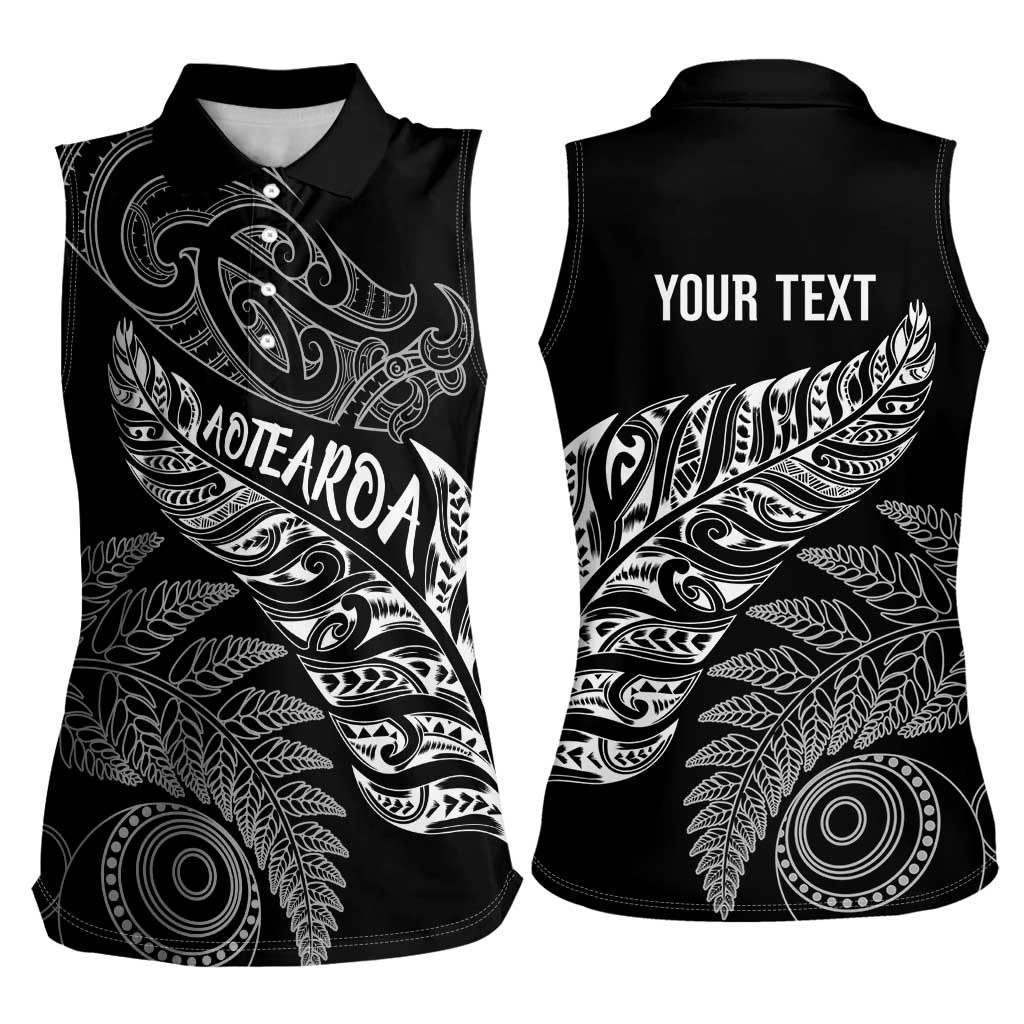 Aotearoa Personalized Lawn Bowls Maori Women Sleeveless Polo Shirt New Zealand Black Tribal Silver Fern - Aussie Hoodie