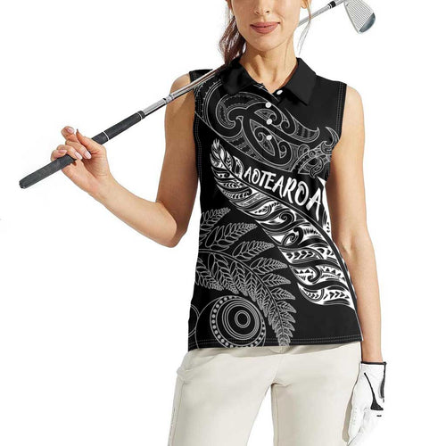 Aotearoa Personalized Lawn Bowls Maori Women Sleeveless Polo Shirt New Zealand Black Tribal Silver Fern - Aussie Hoodie