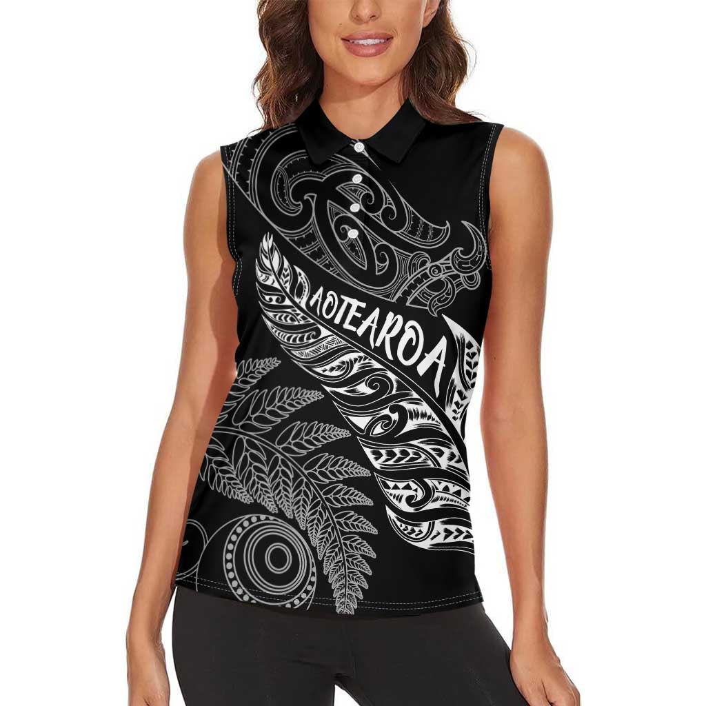 Aotearoa Personalized Lawn Bowls Maori Women Sleeveless Polo Shirt New Zealand Black Tribal Silver Fern - Aussie Hoodie