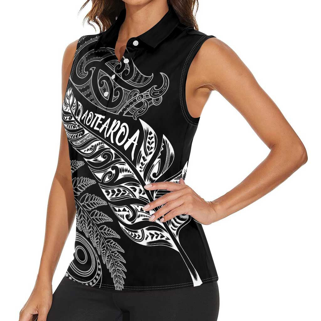 Aotearoa Personalized Lawn Bowls Maori Women Sleeveless Polo Shirt New Zealand Black Tribal Silver Fern - Aussie Hoodie