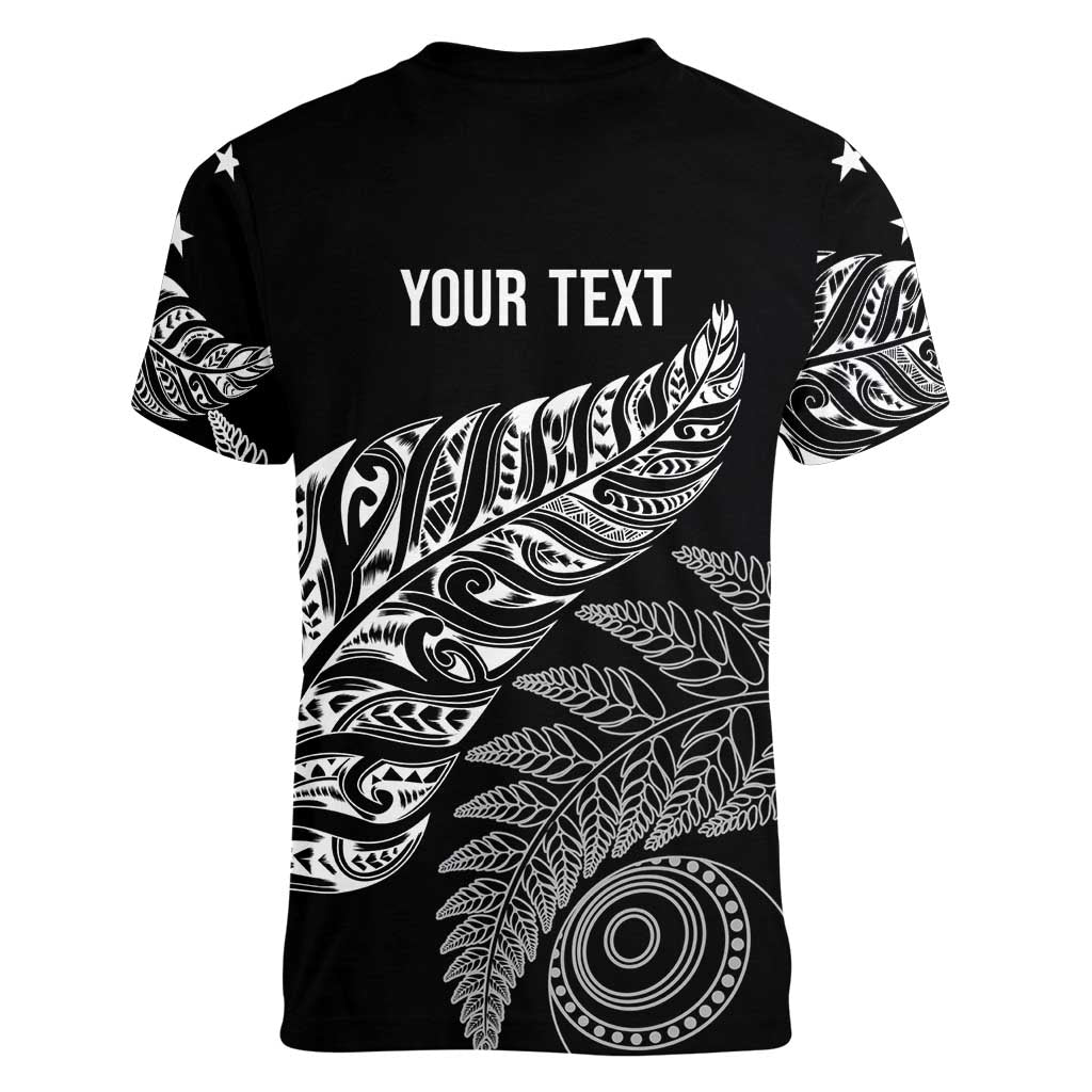 Aotearoa Personalized Lawn Bowls Maori Women V-Neck T-Shirt New Zealand Black Tribal Silver Fern - Aussie Hoodie
