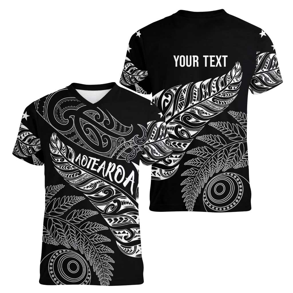 Aotearoa Personalized Lawn Bowls Maori Women V-Neck T-Shirt New Zealand Black Tribal Silver Fern - Aussie Hoodie