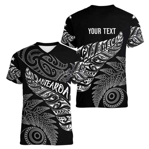 Aotearoa Personalized Lawn Bowls Maori Women V-Neck T-Shirt New Zealand Black Tribal Silver Fern - Aussie Hoodie