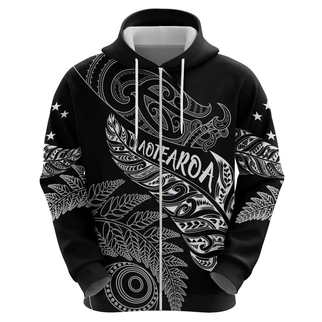 Aotearoa Personalized Lawn Bowls Maori Zip Hoodie New Zealand Black Tribal Silver Fern - Aussie Hoodie