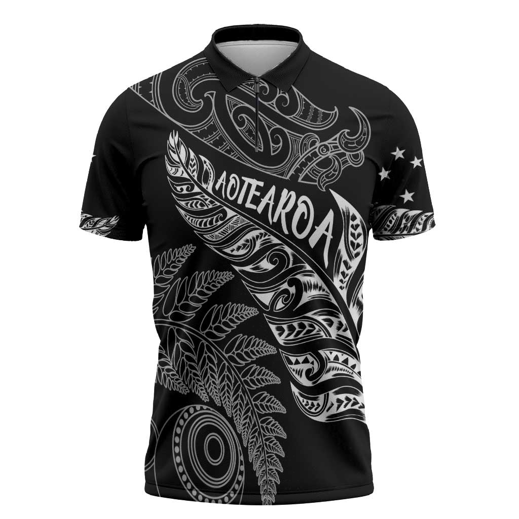 Aotearoa Personalized Lawn Bowls Maori Zipper Polo Shirt New Zealand Black Tribal Silver Fern - Aussie Hoodie