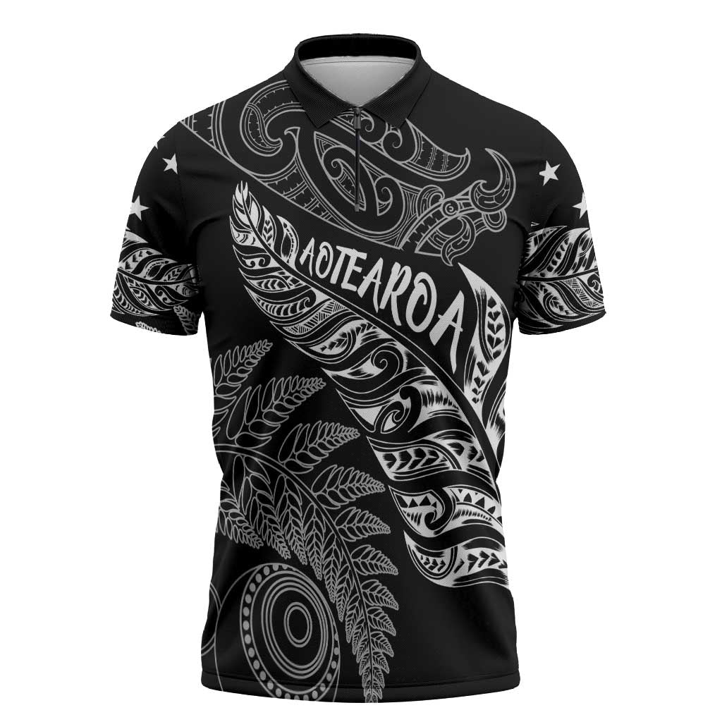 Aotearoa Personalized Lawn Bowls Maori Zipper Polo Shirt New Zealand Black Tribal Silver Fern - Aussie Hoodie