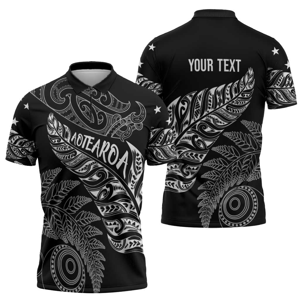 Aotearoa Personalized Lawn Bowls Maori Zipper Polo Shirt New Zealand Black Tribal Silver Fern - Aussie Hoodie