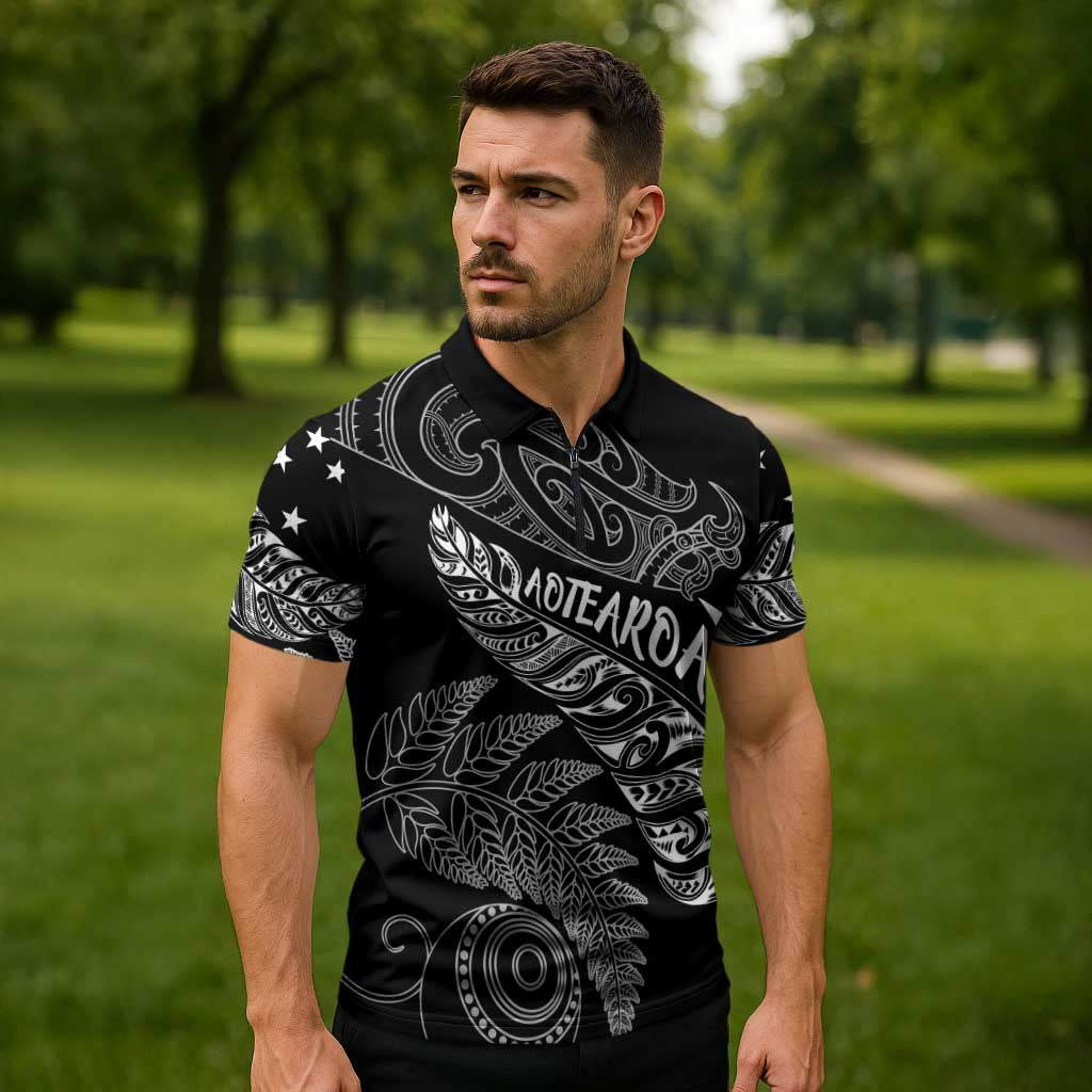 Aotearoa Personalized Lawn Bowls Maori Zipper Polo Shirt New Zealand Black Tribal Silver Fern - Aussie Hoodie