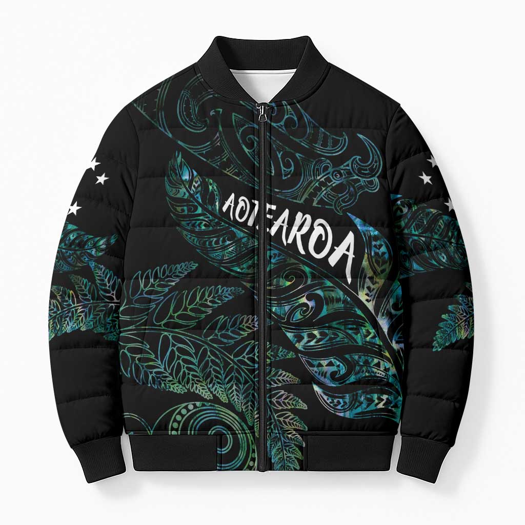 Aotearoa Personalized Lawn Bowls Maori Bomber Puffer Jacket New Zealand Paua Shell Tribal Silver Fern - Aussie Hoodie