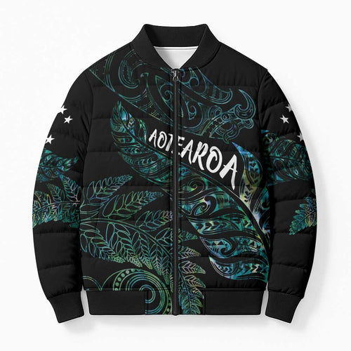 Aotearoa Personalized Lawn Bowls Maori Bomber Puffer Jacket New Zealand Paua Shell Tribal Silver Fern - Aussie Hoodie