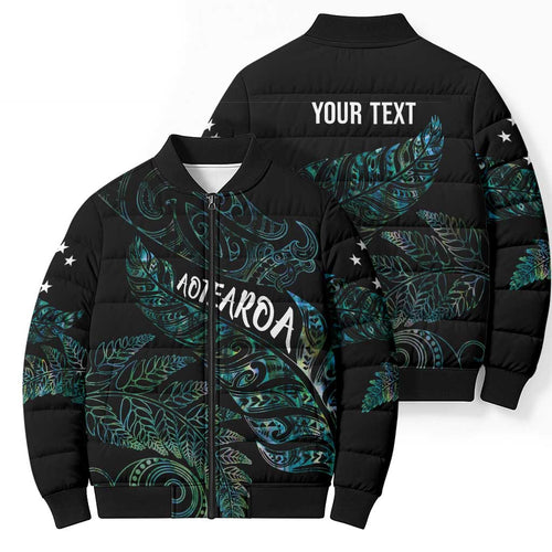 Aotearoa Personalized Lawn Bowls Maori Bomber Puffer Jacket New Zealand Paua Shell Tribal Silver Fern - Aussie Hoodie