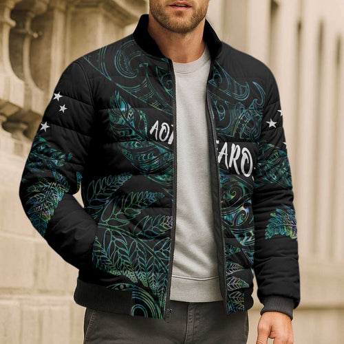 Aotearoa Personalized Lawn Bowls Maori Bomber Puffer Jacket New Zealand Paua Shell Tribal Silver Fern - Aussie Hoodie
