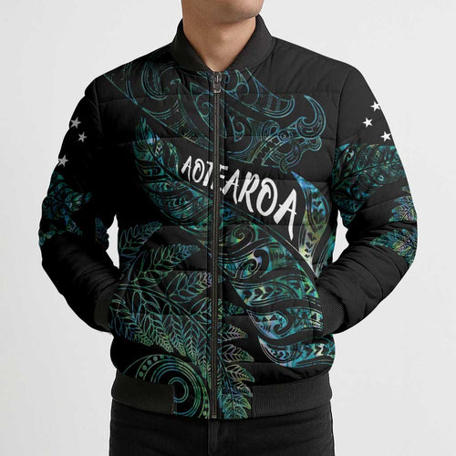 Aotearoa Personalized Lawn Bowls Maori Bomber Puffer Jacket New Zealand Paua Shell Tribal Silver Fern - Aussie Hoodie
