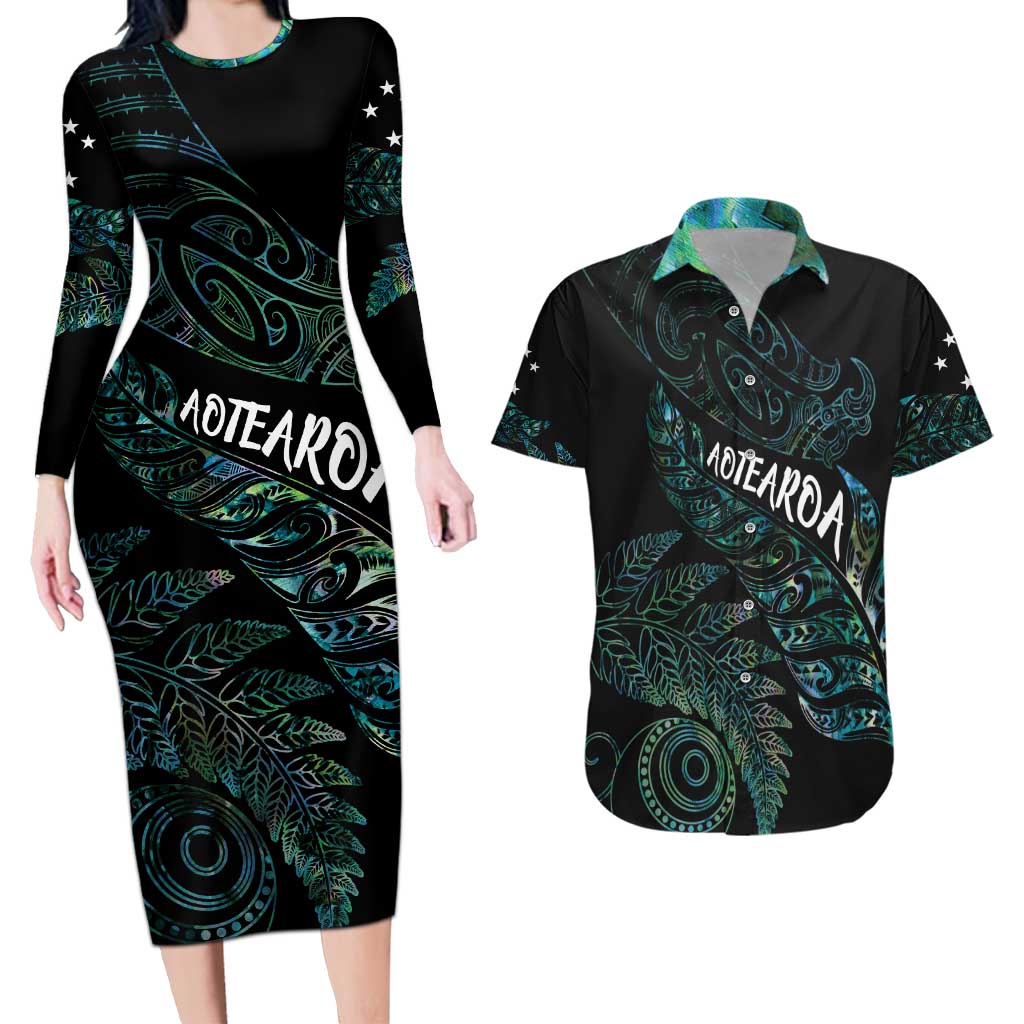 Aotearoa Personalized Lawn Bowls Maori Couples Matching Long Sleeve Bodycon Dress and Hawaiian Shirt New Zealand Paua Shell Tribal Silver Fern - Aussie Hoodie