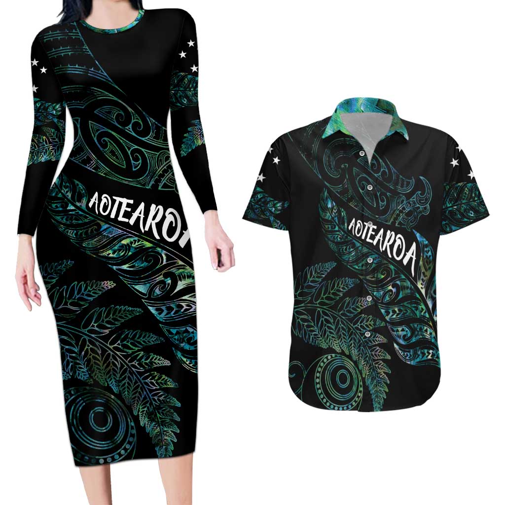 Aotearoa Personalized Lawn Bowls Maori Couples Matching Long Sleeve Bodycon Dress and Hawaiian Shirt New Zealand Paua Shell Tribal Silver Fern - Aussie Hoodie