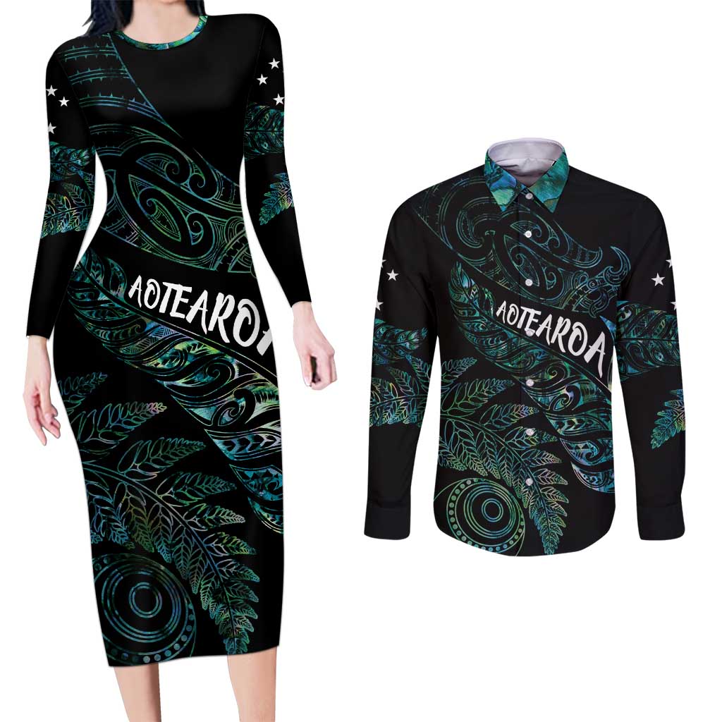 Aotearoa Personalized Lawn Bowls Maori Couples Matching Long Sleeve Bodycon Dress and Long Sleeve Button Shirt New Zealand Paua Shell Tribal Silver Fern - Aussie Hoodie