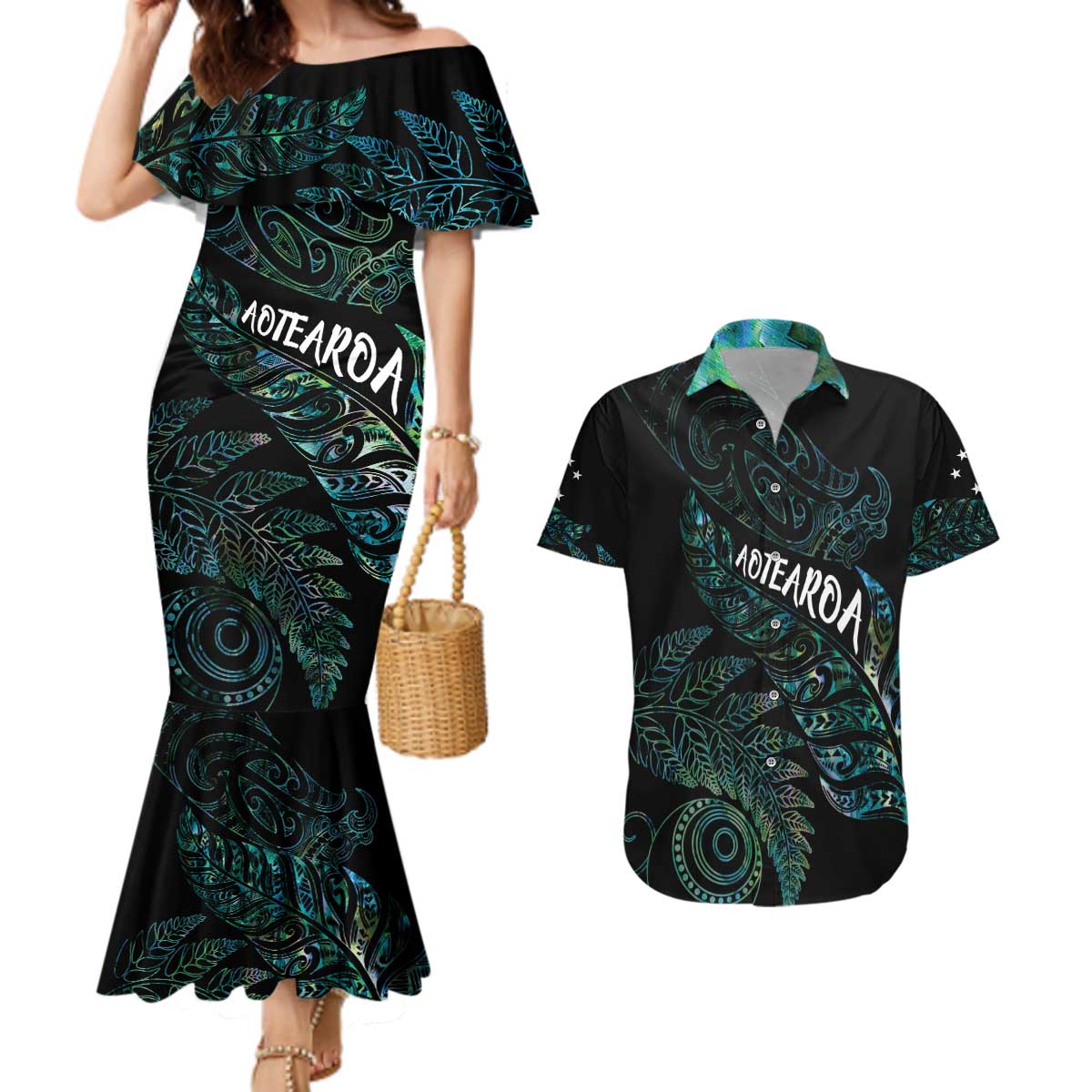 Aotearoa Personalized Lawn Bowls Maori Couples Matching Mermaid Dress and Hawaiian Shirt New Zealand Paua Shell Tribal Silver Fern - Aussie Hoodie
