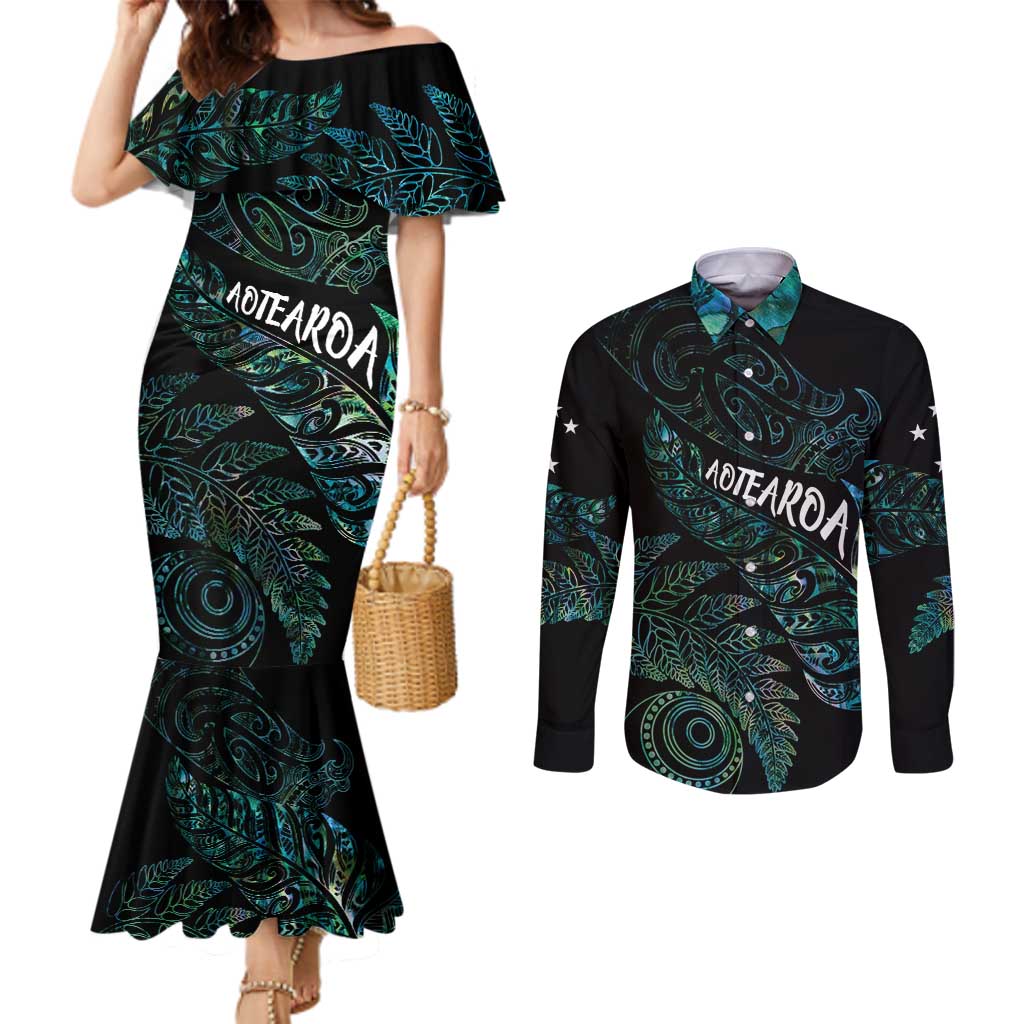 Aotearoa Personalized Lawn Bowls Maori Couples Matching Mermaid Dress and Long Sleeve Button Shirt New Zealand Paua Shell Tribal Silver Fern - Aussie Hoodie