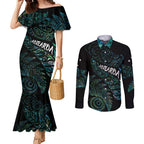 Aotearoa Personalized Lawn Bowls Maori Couples Matching Mermaid Dress and Long Sleeve Button Shirt New Zealand Paua Shell Tribal Silver Fern - Aussie Hoodie