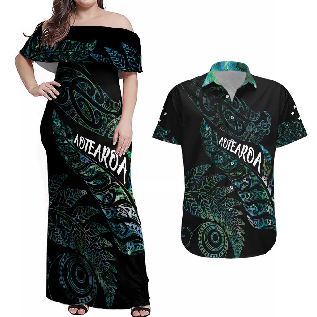Aotearoa Personalized Lawn Bowls Maori Couples Matching Off Shoulder Maxi Dress and Hawaiian Shirt New Zealand Paua Shell Tribal Silver Fern - Aussie Hoodie